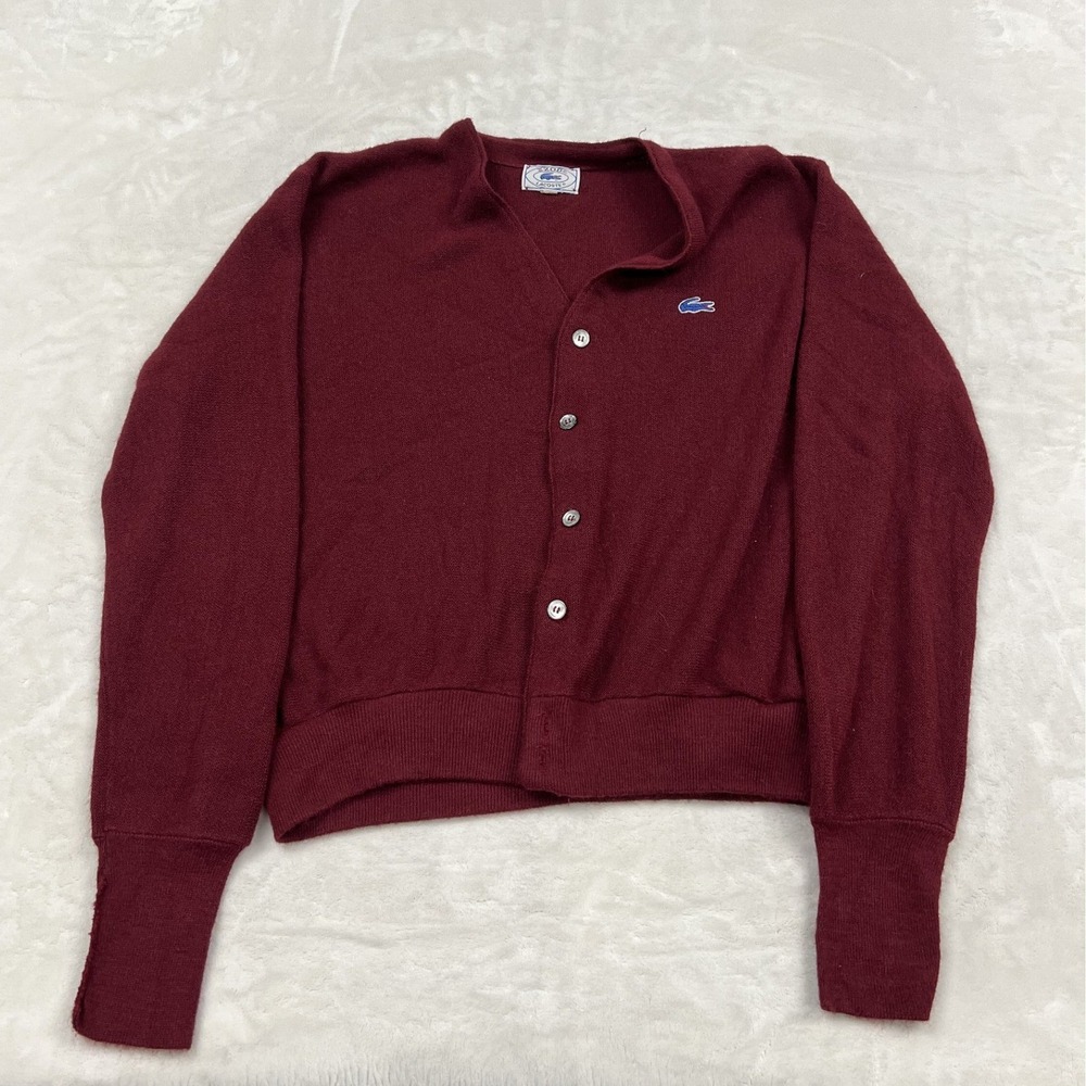 Izod Lacoste Cardigan Sweater Mens L Burgundy Red Vintage Orlon Acrylic V-Neck